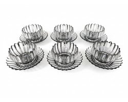 Bavary Collection – Transparant Grijze Geribbelde Glazenset (6 Schaaltjes – 280 ml + 6 Bordjes) – 12-Delige Serviesset