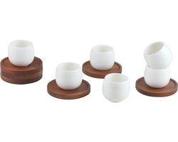 Bavary – Espressokopjes Set 12-delig – 80 ml – Acacia Houten Schotel – Porselein Mix