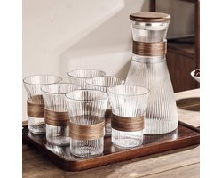 Bavary Karaf met Glazen Set - 7-delig - Waterkaraf (1.6L) met Deksel & 6 Waterglazen (300ml) - Geribbeld Glas met Bamboe / Hout