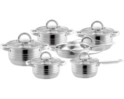 Bavary Pannenset ® - 12 Delig - RVS - Met Glazen Deksels - RVS Pan / Steelpan / Koekenpan - PFAS-vrij - Inductie