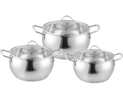 Bavary Pannenset ® - 6 Delig - RVS - Met glazen deksels - Alle warmtebronnen - Inductie - Vaatwasserbestendig – Ø 18 , 20 , 24 cm