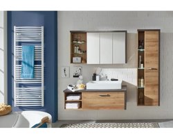 BAY Complete badkamer: Kledingkast+zuil+meubel met wastafel+spiegels - Eiken en betonmelamine - L186 x D53 x H198 cm - TRENDTEAM