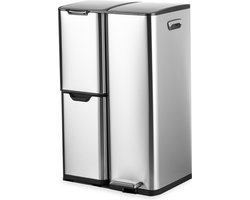 Bayt Prullenbak - Prullenbak 60 Liter - Vuilnisbak 60 Liter - Pedaalemmer 60 Liter - Prullenbak Afvalscheiding - Prullenbak 3 Vakken - Afvalbak - RVS - Zilver