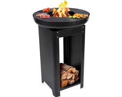 BBQ Collection 3-in-1 Vuurkorf en Grillplaat - Tuinhaard 61 x 90 cm - met Teppanyaki Bakplaat - Plancha BBQ met Brandhout Opslagplaats - Vuurkorf voor Buiten - Metaal