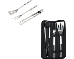 BBQ Gereedschap Set 3-delig – Metalen BBQ Tang, Spatel & Vork in Luxe Opbergtas – RVS BBQ Set Gereedschap – Barbecue Accessoires Cadeau