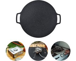 BBQ grillpan, Koreaanse BBQ grillpan, ronde grillplaat van gietijzer met antiaanbaklaag, BBQ gietijzeren grillpan voor buiten, bijvoorbeeld voor het bakken van buikspekpannenkoeken (32 cm) - barbecuepan voor buiten