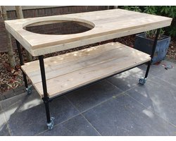 BBQ Tafel | Buitenkeuken | 140x70cm | Gat 50cm | Wielen | Zwart Staal en Hout | Kamado Tafel | Barbecue | Big Green Egg | Bastard | Grill Guru | Kamado Joe | Ombouw | Onderstel | Geschikt voor vele modellen