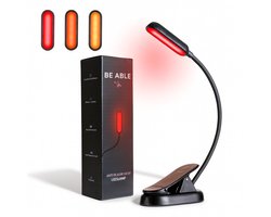 Be Able Roodlicht Leeslamp met Klem - 3 LED Kleuren - Bevordert Slaap - Dimbaar - Leeslampje voor Boek / Bed Wand / Nachtkastje / Bureau - Zonder Snoer - Oplaadbare Lamp Staand - USB Oplaadbaar - Zwart