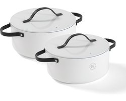 BE Living 2-delige Braadpannenset - Ø 24 & 28 cm - Stoofpan - Stoofpot - Kookpan - Keramisch - PFAS Vrij Anti Aanbak - Inductie Pannenset - Wit - Essential Series