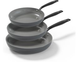 BE Living 3-delige Koekenpannenset - Ø 20, 24 & 28 cm - Bakpan - Keramisch - PFAS Vrij Anti Aanbak - Inductie Pannenset - Grijs - Essential Series