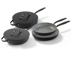 BE Living 4-delige Pannenset - Ø 24 & 28 cm Koekenpan + Ø 30 cm Wokpan + Ø 28 cm Hapjespan - Bakpan - Keramisch - PFAS Vrij Anti Aanbak - Inductie Pannen - Zwart - Essential Series