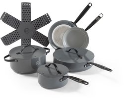 BE Living 5-delige Pannenset - Koekenpannen + Hapjespan + Braadpan + Steelpan + Panbeschermers - Met Deksel - Keramisch - PFAS Vrij Anti Aanbak - Inductie - Grijs - Essential Series