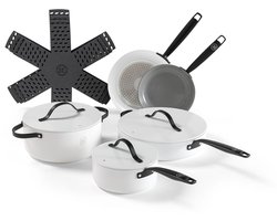 BE Living 5-delige Pannenset - Koekenpannen + Hapjespan + Braadpan + Steelpan + Panbeschermers - Met Deksel - Keramisch - PFAS Vrij Anti Aanbak - Inductie Pannen - Wit - Essential Series