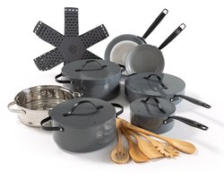 BE Living 6-delige Pannenset - Koekenpannen + Hapjespan + Braadpan + Steelpan + Stomer + Kookgerei + Panbeschermers - Met Deksel - Keramisch - PFAS Vrij Anti Aanbak - Inductie Pannen - Grijs - Essential Series