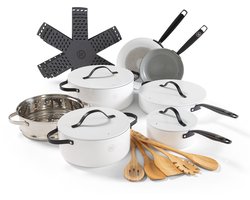 BE Living 6-delige Pannenset - Koekenpannen + Hapjespan + Braadpan + Steelpan + Stomer + Kookgerei + Panbeschermers - Met Deksel - Keramisch - PFAS Vrij Anti Aanbak - Inductie - Wit - Essential Series