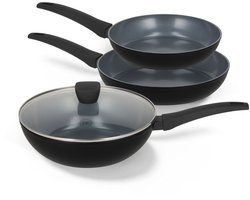 BE Living Delight 3-delige Pannenset - Ø 24 & 28 cm Koekenpan + Ø 28 cm Wokpan - Keramisch - PFAS vrij - Inductie - Zwart