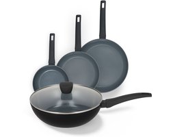 BE Living Delight 4-delige Pannenset - Ø 20, 24 & 28 cm Koekenpan + Ø 28 cm Wokpan met Deksel - Koekenpannenset - Keramisch - PFAS vrij - Inductie - Zwart
