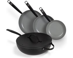 BE Living Essential 4-delige Pannenset - Ø 20, 24 & 28 cm Koekenpan + Ø30 cm Wokpan - Koekenpannenset - Keramisch - PFAS vrij - Inductie - Zwart