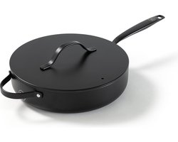 BE Living Hapjespan met Deksel - Ø 28 cm - Keramisch - PFAS Vrij Anti Aanbak - Inductie Pan - Zwart - Essential Series