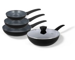 BE Living Pannenset 4-delig - Ø 20, 24 & 28 cm Koekenpan + Ø 28 cm Wokpan met Deksel - Koekenpannenset - Keramisch - Inductie Pannen - PFAS Vrij Anti Aanbak - Delight Series