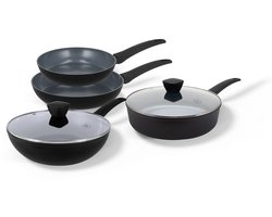 BE Living Pannenset 4-delig - Ø 24 & 28 cm Koekenpan + Ø 28 cm Hapjespan + Ø 28 cm Wokpan met Deksel - Koekenpannenset - Keramisch - Inductie Pannen - PFAS Vrij Anti Aanbak - Delight Series