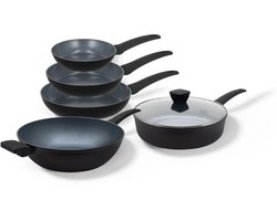 BE Living Pannenset 5-delig - Ø 20, 24 & 28 cm Koekenpan + Ø 32 cm Wokpan + Ø 28 cm Hapjespan met Deksel - Koekenpannenset - Keramisch - Inductie - PFAS Vrij Anti Aanbak - Delight Series