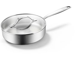 BE Living RVS Hapjespan Met Deksel - Ø 24 cm - Keramisch - Inductie Pan - PFAS Vrij Anti Aanbak - Bakpan - Essential Series