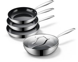 BE Living RVS Pannenset 4-delig - Ø 20, 24 & 28 cm Koekenpannenset + Ø 28 cm Wokpan met Deksel - Keramisch - Inductie Pannen - PFAS Vrij Anti Aanbak - Essential Series