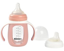 Béaba 2-in-1 Glazen Meegroeifles - Glazen Babyfles met Siliconen Hoes & Handgrepen - Lekvrij & Duurzaam - BPA-vrij - Met Speen & Siliconen Tuit - 210ml - Roze