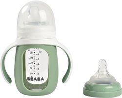 Béaba 2-in-1 Glazen Meegroeifles - Glazen Babyfles met Siliconen Hoes & Handgrepen - Lekvrij & Duurzaam - BPA-vrij - Met Speen & Siliconen Tuit - 210ml - Groen
