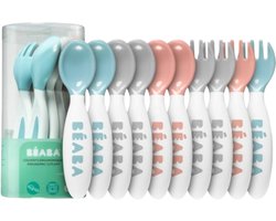 Béaba Bestekset Peuters - 10-delig - Ergonomisch & Veilig - 8+ Maanden – Inclusief Opbergetui – Roze, Blauw & Grijs