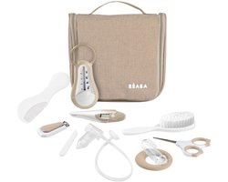 Béaba Verzorgingstas voor Baby – 10-delige Set – Luxe Toilettas Thermometers, Nagelverzorging, Neusaspirator & Bijtring – Ophangbaar & Reistas - Grijs/Wit
