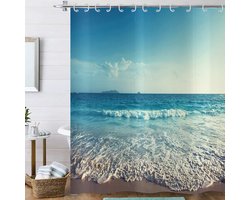 Beach douchegordijn 120 x 180, zee golven blauwe hemel natuur landschap badkamer gordijnen met haken waterdicht polyester stof wasbare badgordijnen voor natte ruimte