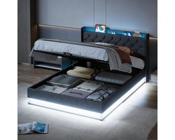 Bealife AF17 Tweepersoonsbed - Hydraulisch Bedframe - 140 x 200 cm - Gestoffeerd hoofdeinde met LED-verlichting - Lattenbodem - Opbergruimte - Velvet - Grij