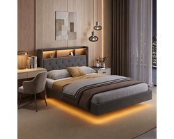 Bealife AF19 Bedframe - 140×200 cm – Gestoffeerd Tweepersoonsbed met LED-verlichting, stopcontacten, USB & Type-C Poorten en Opbergruimte – Zwevend design – Hoofdbord en lattenbodem – Donkergrijs