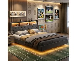 Bealife AF19 Bedframe - 160×200 cm – Gestoffeerd Tweepersoonsbed met LED-verlichting, stopcontacten, USB & Type-C Poorten en Opbergruimte – Zwevend design – Hoofdbord en lattenbodem – Donkergrijs