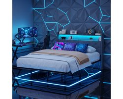 Bealife AF21 Bedframe - 140×200 cm – Gestoffeerd Tweepersoonsbed met LED-verlichting, USB & Type-C Poorten- Opberghoofdbord – Zwevend design - Donkergrijs