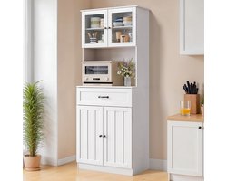 Bealife AP04 Kast - Grote Vrijstaande capaciteit - Dressoir met Glazen Deuren - Geschikt voor Kantoren, Woonkamers en Keukens - 73 × 41,5 × 180 cm - Wit