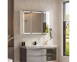 Bealife AP101 Verlichte Spiegelkast - Touchscreen LED-verlichting - Inclusief spiegel, föhnenhouder, 3 instelbare planken - 80×16×60 cm - EU Plug - Wit