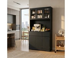 Bealife AP120 Keukenkast Opslagkast - Grote capaciteit vrijstaande - Buffetkast met glazen deuren - LED, 2 Stopcontacten, 2 Laden & 6 Deuren - Verstelbare Planken - Zwart