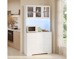 Bealife AP121 Keukenkast Opslagkast - Grote capaciteit vrijstaande - Buffetkast met glazen deuren - LED, 2 Stopcontacten, 3 Laden & 5 Deuren - Verstelbare Planken - Wit