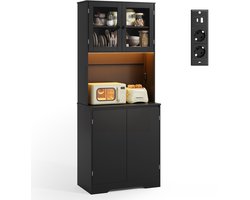 Bealife AP122 Keukenkast Opslagkast - Grote capaciteit vrijstaande - Buffetkast met glazen deuren - LED, 2 Stopcontacten en 4 Deuren - Verstelbare Planken - Zwart