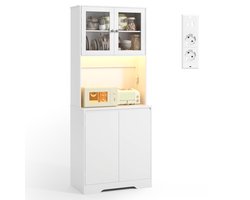 Bealife AP122 Keukenkast Opslagkast - Grote capaciteit vrijstaande - Buffetkast met glazen deuren - LED, 2 Stopcontacten en 4 Deuren - Verstelbare Planken - Wit