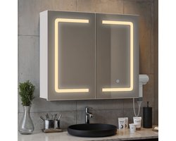 Bealife AP84 Verlicht Spiegelkasten - Op de muur bevestigde badkamerkast - Touchscreen Drie Kleuren LED Verlichting - Spiegel, Föhnhouder, 2 Verstelbare Planken 70 × 16 × 60 cm - EU Plug - Wit