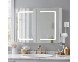 Bealife AP85 Verlicht Spiegelkasten - Op de muur bevestigde badkamerkast - Touchscreen Drie Kleuren LED Verlichting - Spiegel, Föhnhouder, 2 Verstelbare Planken 80 × 16 × 60 cm - EU Plug - Wit