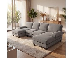 Bealife AR103 U-Banken - 4-Zits Hoekbanken met slaapfunctie & 2 Chaise Longues – Zacht ribcord – Voor Woonkamer - Grijs