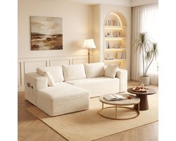 Bealife AR35 Hoekbank - L-vormige Bank - Links chaise longue & Opbergruimte aan de Zijkant - 4 zitsbanken - Corduroy - Beige