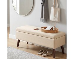 Bealife AR58 Opbergbank - Halbank met opbergruimte - Bankje voor naast het bed - Linnen bekleding en Houten poten - 110 × 39 × 45 cm - Voor hal, woonkamer, gang of slaapkamer – Crème