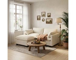 Bealife AR88 2-zits bank - Modulaire bank – L-vorm, ribcord – Inclusief 2 kussens, 2 armleuningen en 1 verstelbaar voetenbankje – 168 cm breed – Beige