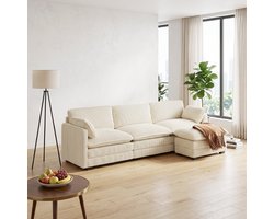 Bealife AR88 3-zits bank - Modulaire bank – L-vorm, ribcord – Inclusief 3 kussens, 2 armleuningen en 1 verstelbaar voetenbankje – 244 cm breed – Beige